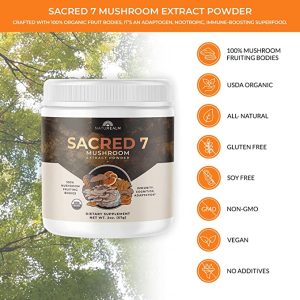 Naturealm Sacred 7 – Mushroom Extract Powder 8 oz – Chaga, Cordyceps, Lion’s Mane, Maitake, Reishi, Shiitake & Turkey Tail – Organic Herbal Nootropic Supplement – Focus, Energy & Mental Performance