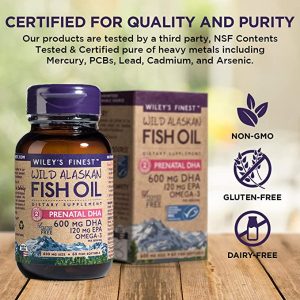 Wiley’s Finest Wild Alaskan Fish Oil Prenatal DHA – 720mg EPA and DHA Omega-3s for Pregnant Women and Nursing Mothers – 60 Softgels (30 Prenatal Vitamin Servings)