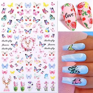 3D Butterfly Nail Art Stickers Adhesive Transfer Sliders Colorful Rose Flowers Nail Decals Wraps Manicuring Decorations