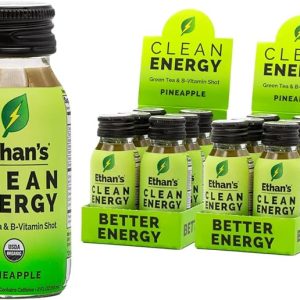 Ethan’s Organic Clean Energy Shots Pineapple, Sugar Free Natural Pre-Workout Focus Boost, Gluten Free, Vegan, B6 & B12 Vitamin C with Green Tea Extract and Guayusa (12 Pack of 2oz Shots)