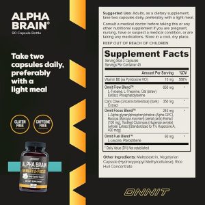 Onnit Alpha Brain (90ct): Nootropic Brain Booster Supplement For Memory, Focus, and Mental Clarity | With Bacopa, AC11, Huperzine A, L-Tyrosine, and Vitamin B6